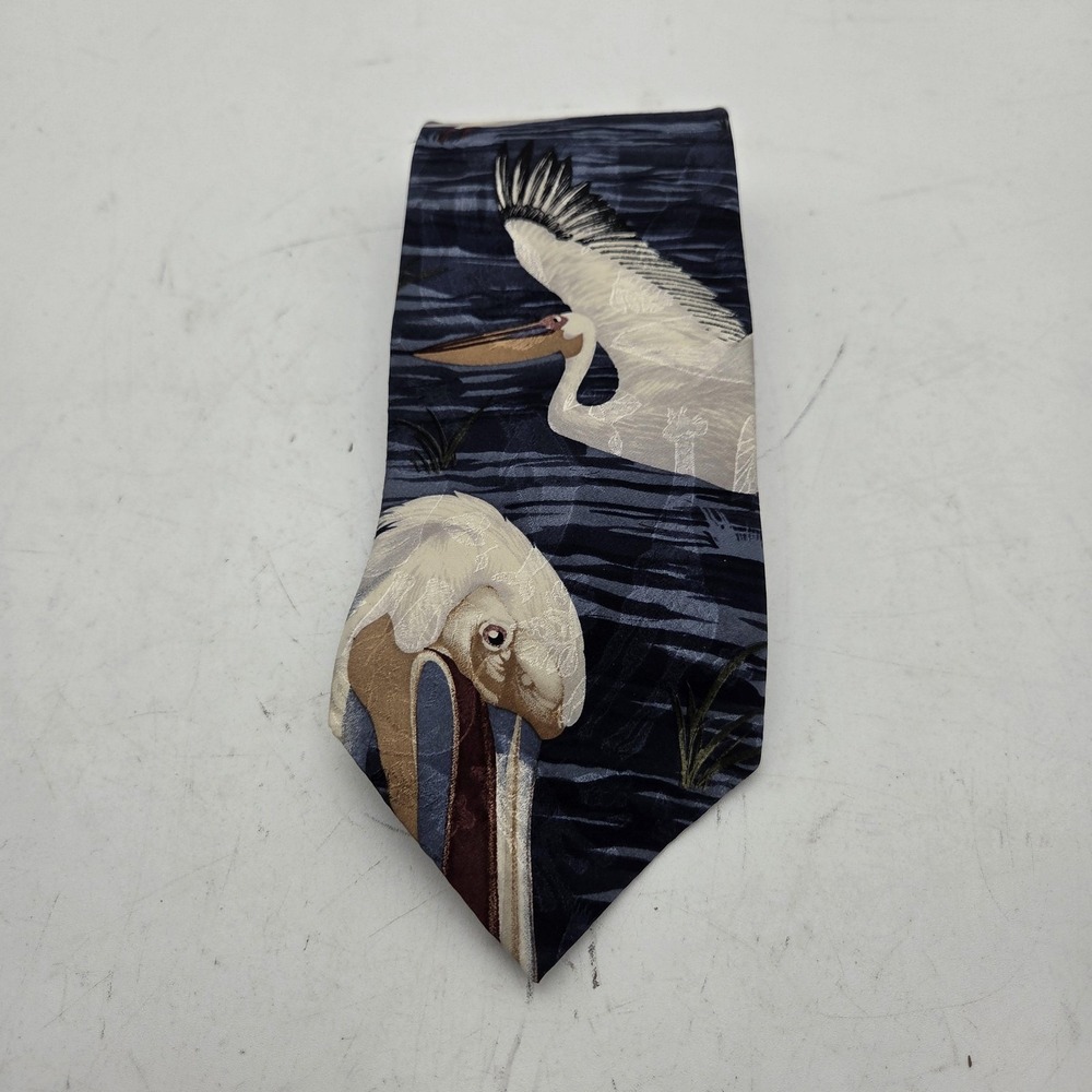 Endangered Species Tie Mens One Size Blue Pelican Bird Wildlife 100% Silk
